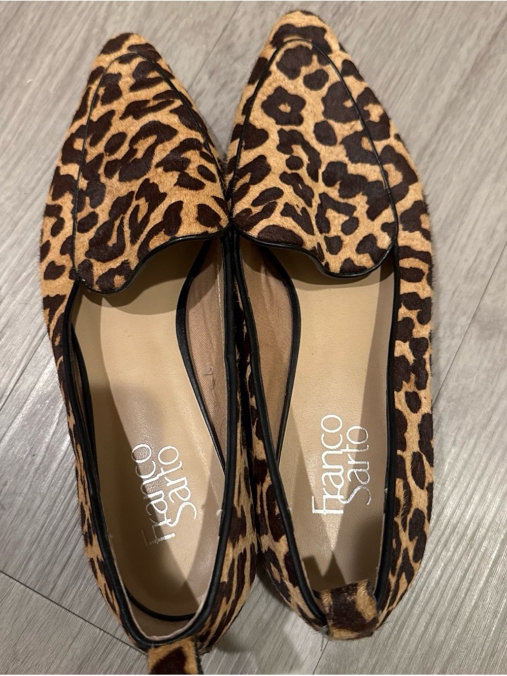 Franco Sarto Leopard-Print Pointed Toe Flats in Brown and Black